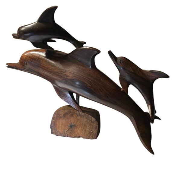 Carved Ironwood Dolphin with Offspring Mother 2 Baby Dolphins Figurine Sculpture - Picture 1 of 8